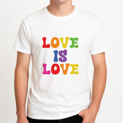Love Is Love - Pride Unisex T-Shirt, worn by a male model.
