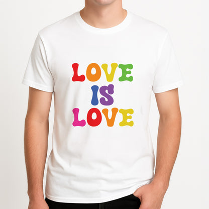 Love Is Love - Pride Unisex T-Shirt, worn by a male model.