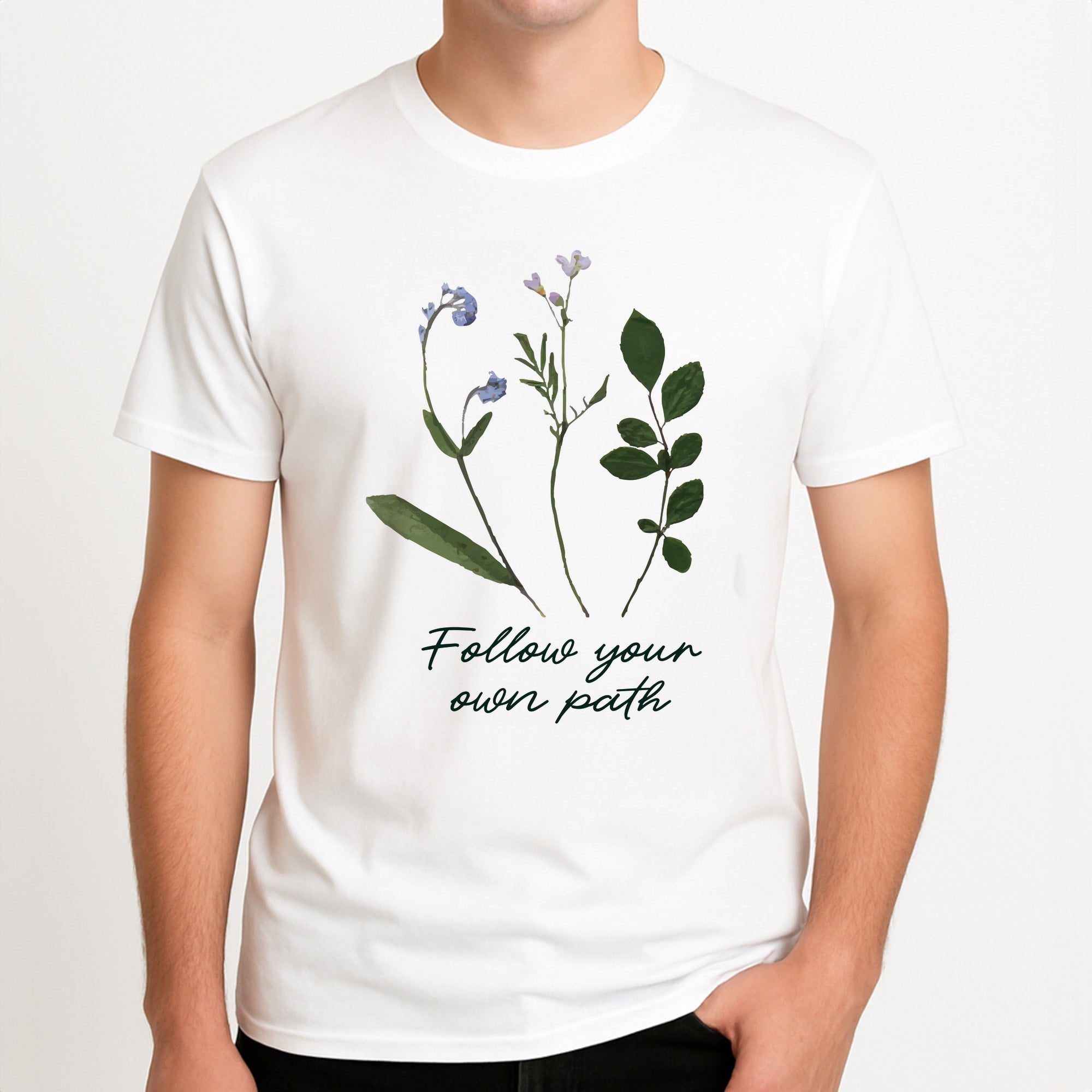 Follow Your Own Path Dark Green Unisex T-Shirt, worn by a male model.