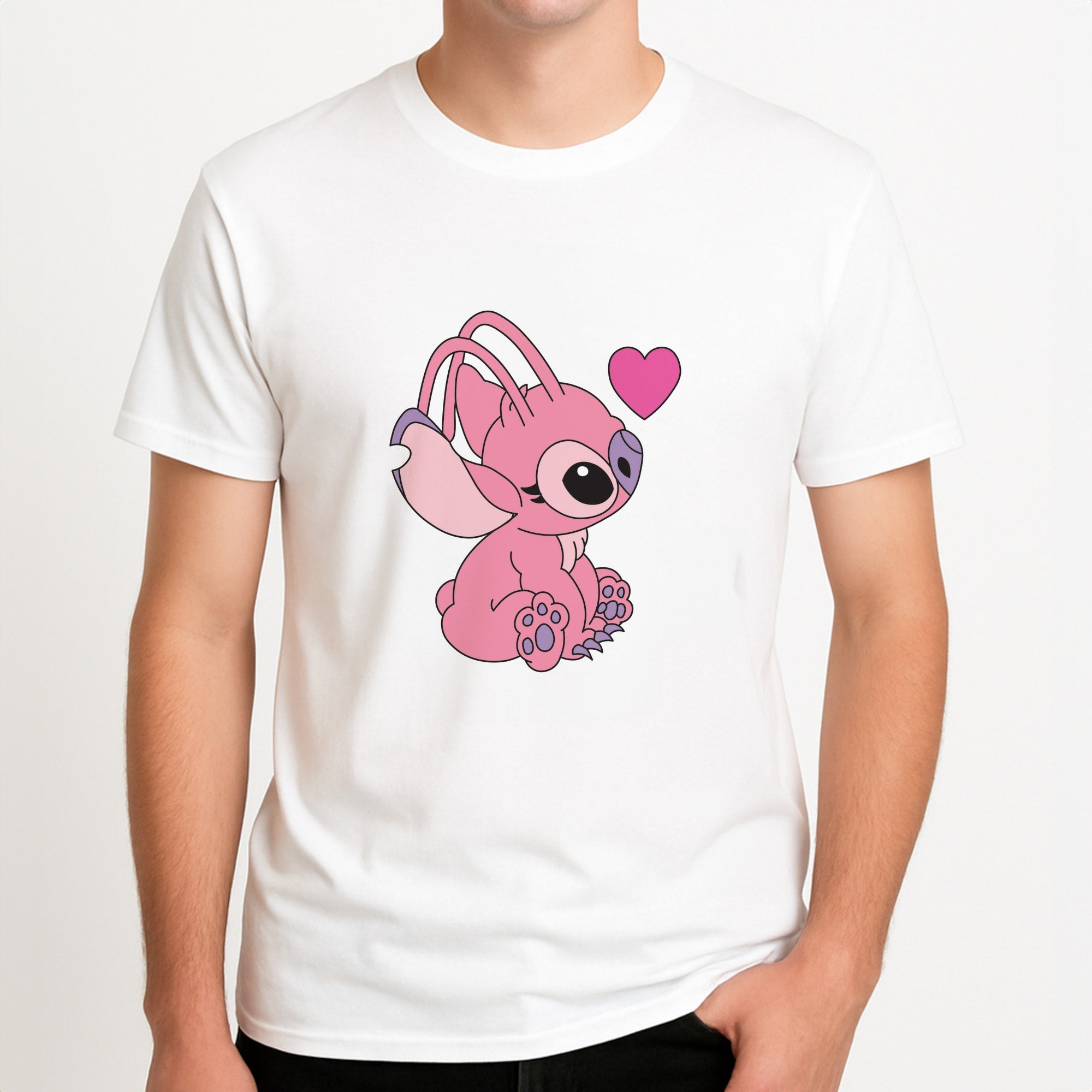 Love Heart Pattern - Pink Alien Unisex T-Shirt, worn by a male model.