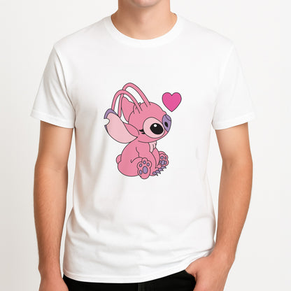 Love Heart Pattern - Pink Alien Unisex T-Shirt, worn by a male model.