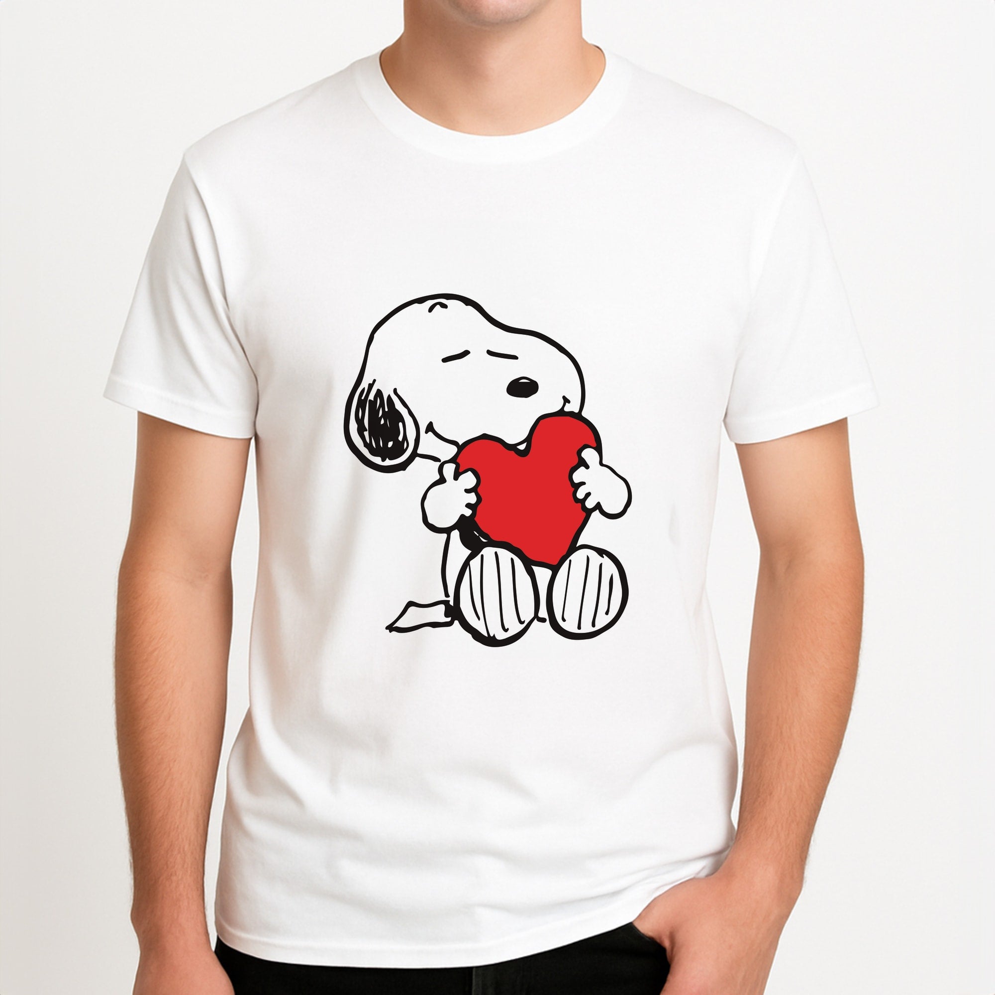 Snoopy - Valentine's Day Unisex T-Shirt, worn by a male model.