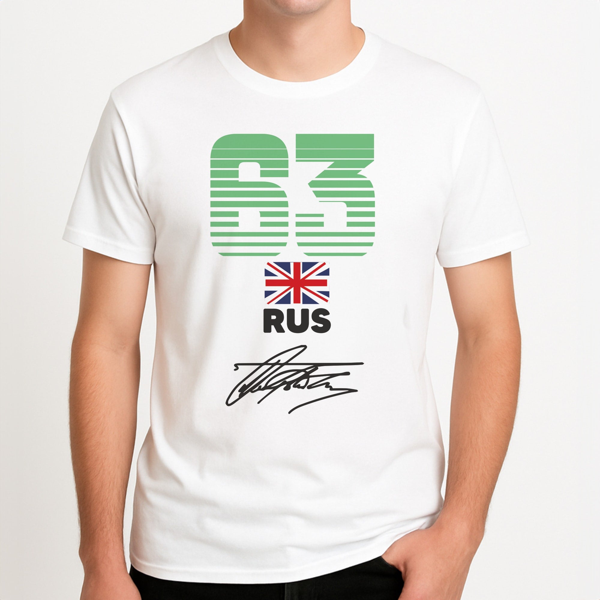 George Russel - F1 Unisex T-Shirt, worn by a male model.