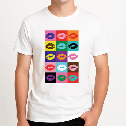Lips Collage - Pride Unisex T-Shirt, worn by a male model.
