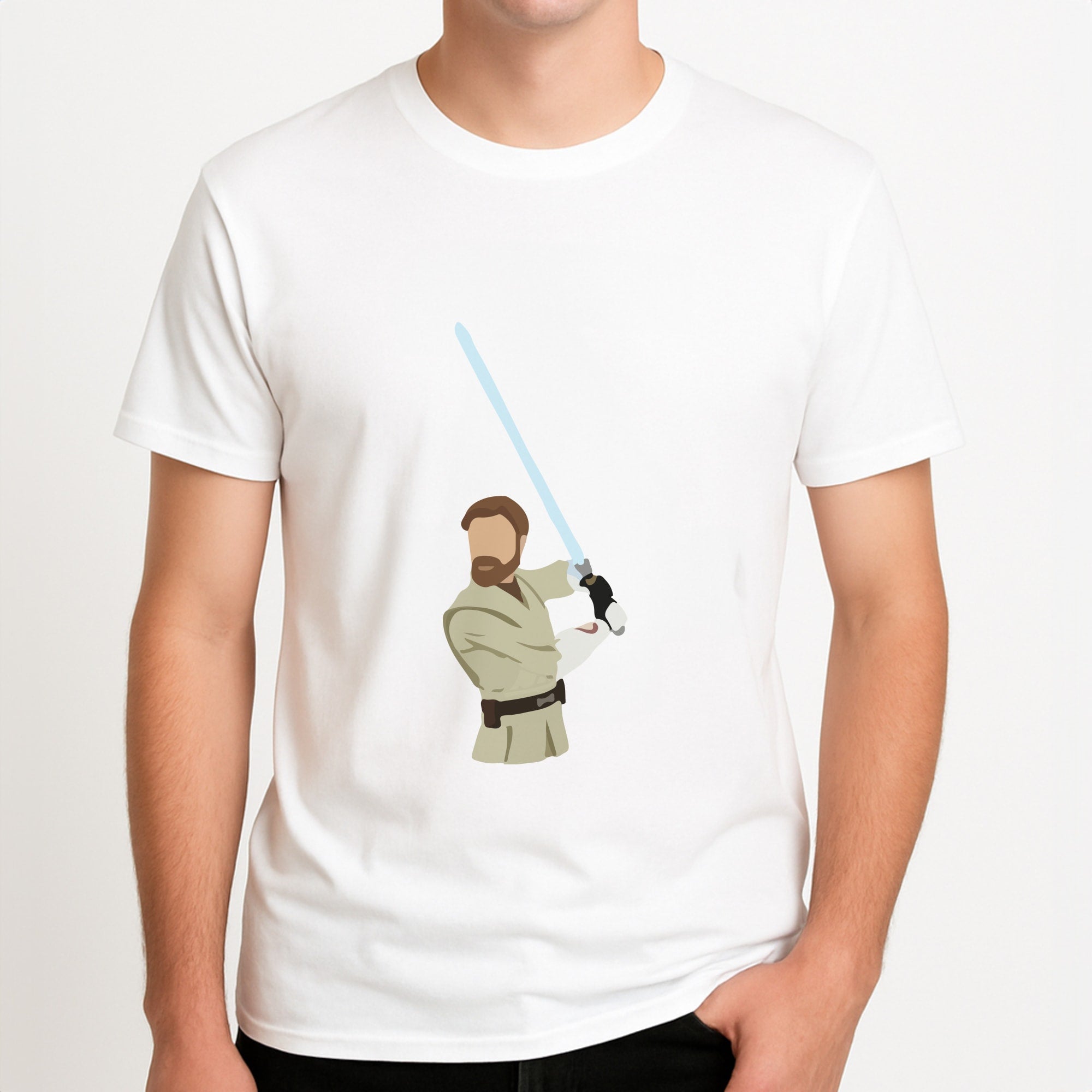 Kenobi Faceless Unisex T-Shirt, worn by a male model.