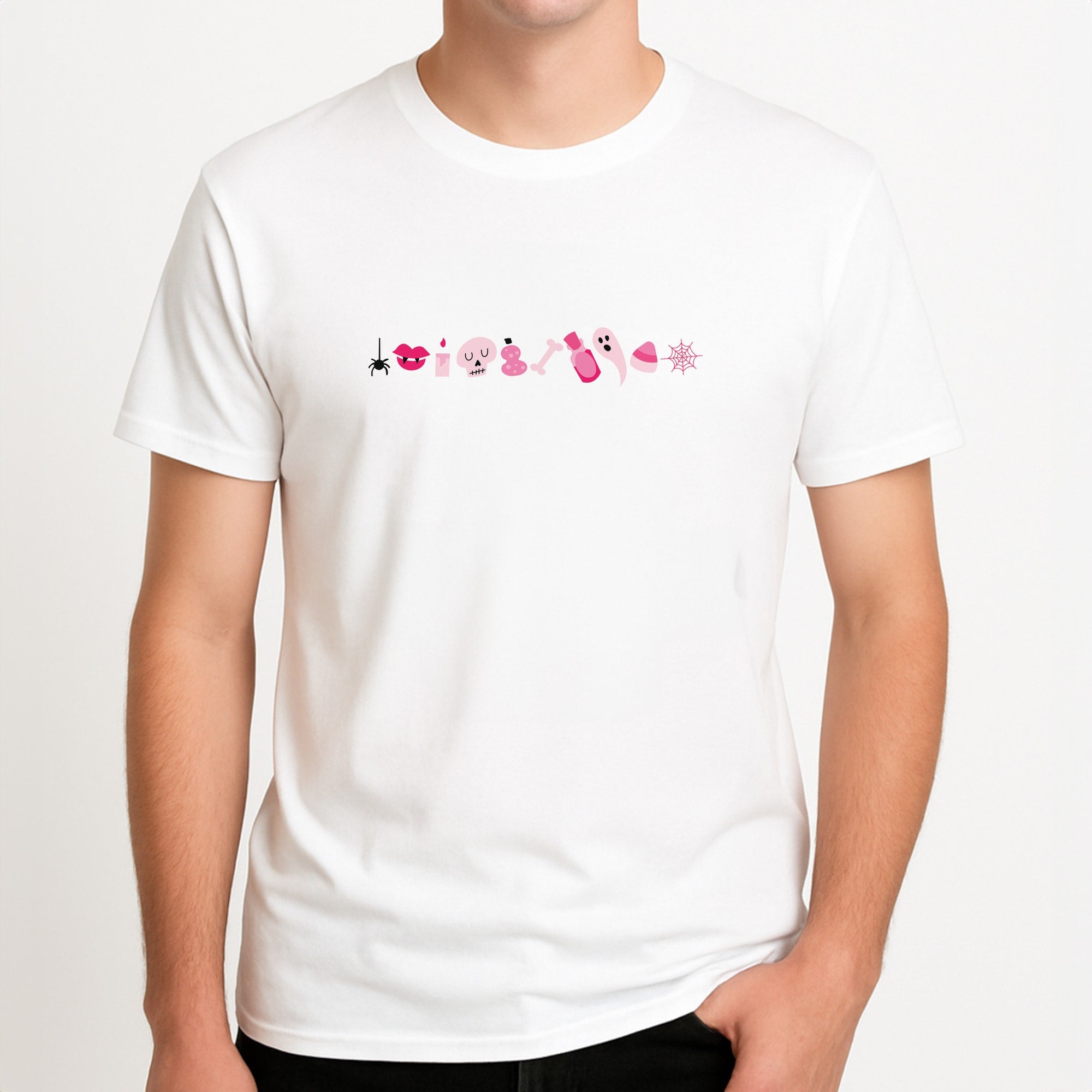 Halloween Pattern 12 Unisex T-Shirt, worn by a male model.