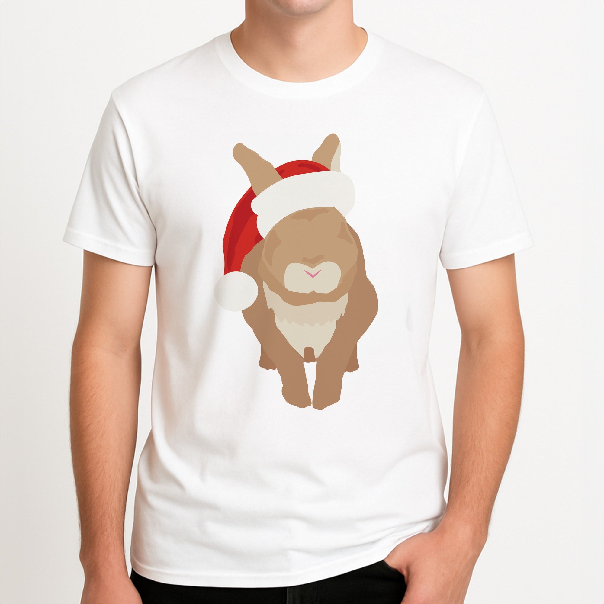 Rabbit Christmas Ears Unisex T-Shirt, worn by a male model.