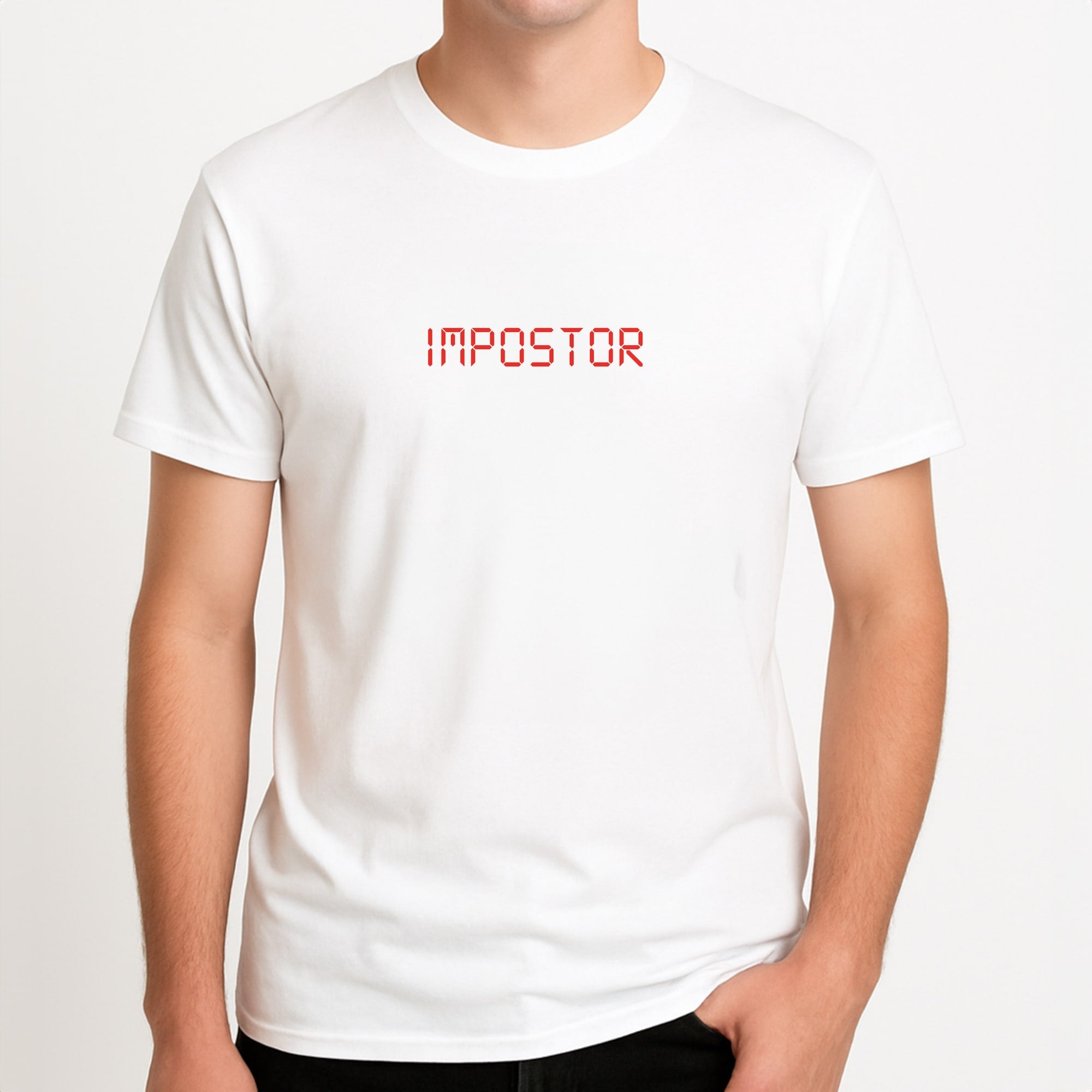 Imposter - Among Us Unisex T-Shirt, worn by a male model.