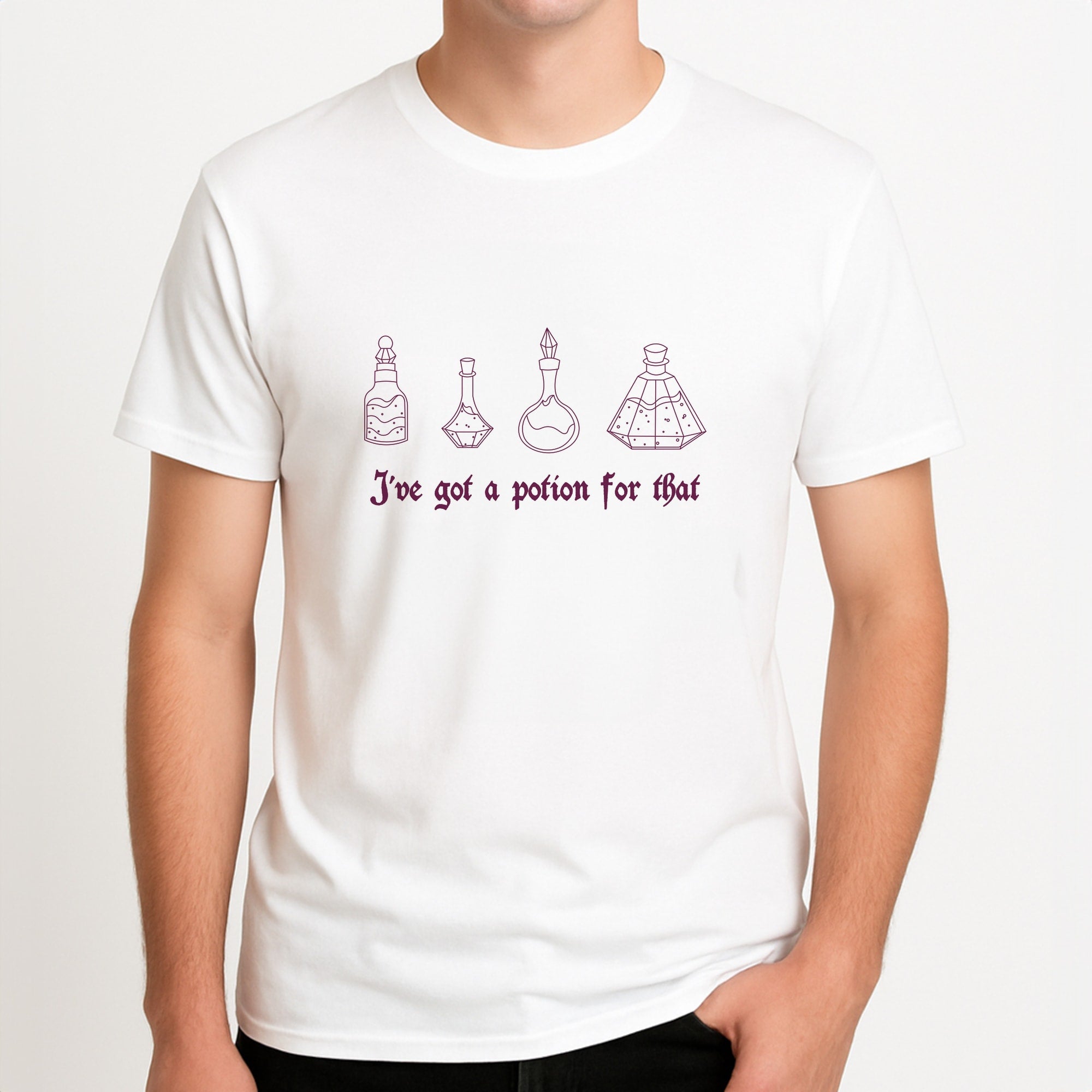 I've Got A Potion For You Dark Pink Unisex T-Shirt, worn by a male model.