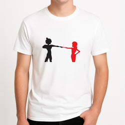 Red And Black Unisex T-Shirt, worn by a male model.