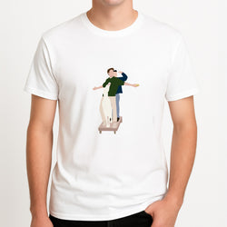 Two Men And A Dog Unisex T-Shirt, worn by a male model.
