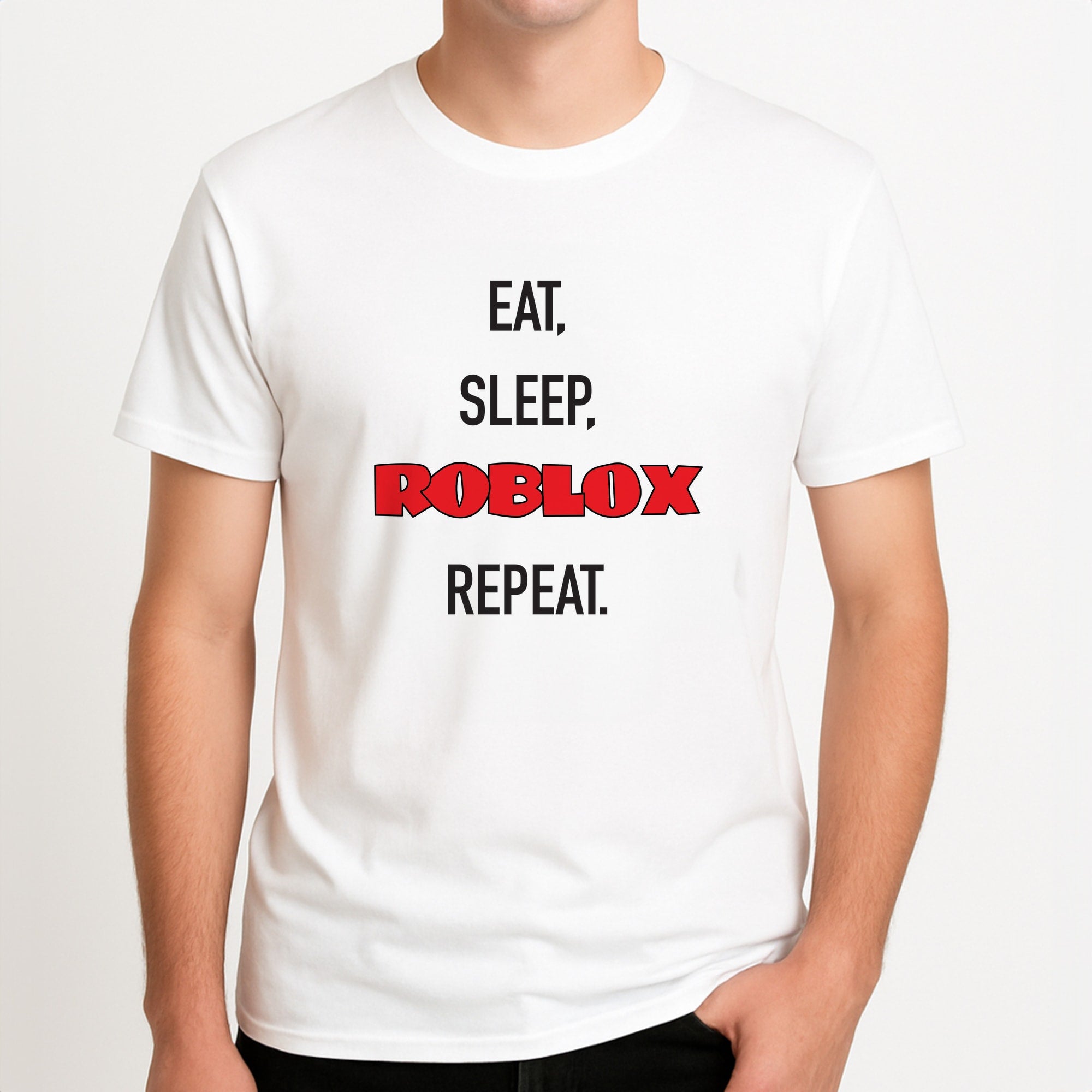 Eat, sleep, repeat Unisex T-Shirt, worn by a male model.