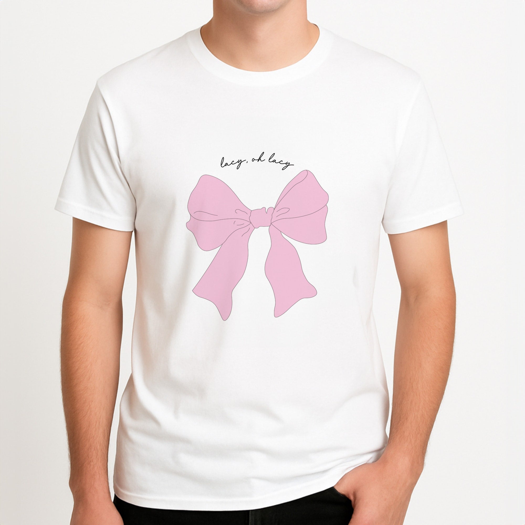 Lacy- Olivia Unisex T-Shirt, worn by a male model.