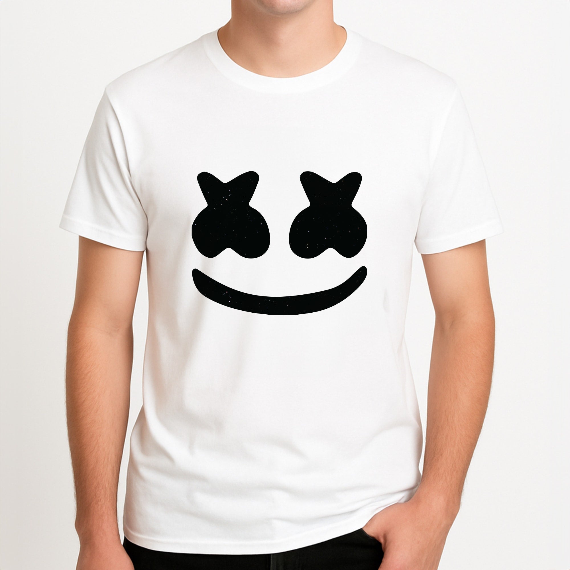 Black And White Helmet In Space  Unisex T-Shirt, worn by a male model.