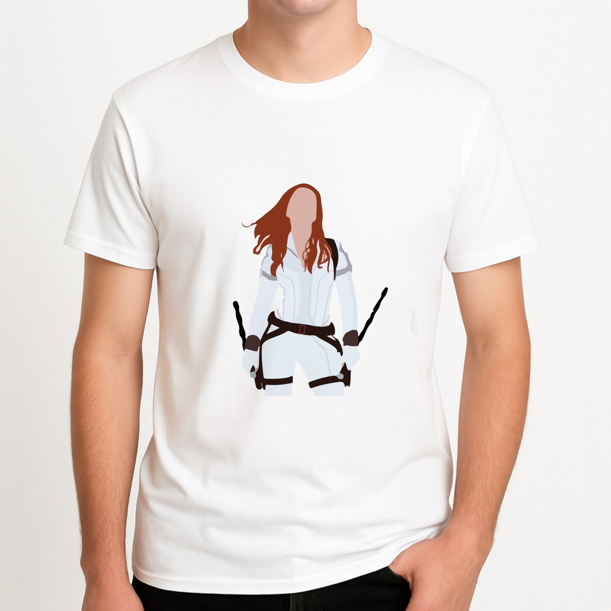 Black Widow Unisex T-Shirt, worn by a male model.