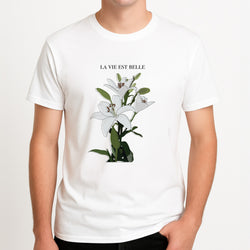 La Vie Est Belle - Clean Girl Aesthetic Unisex T-Shirt, worn by a male model.