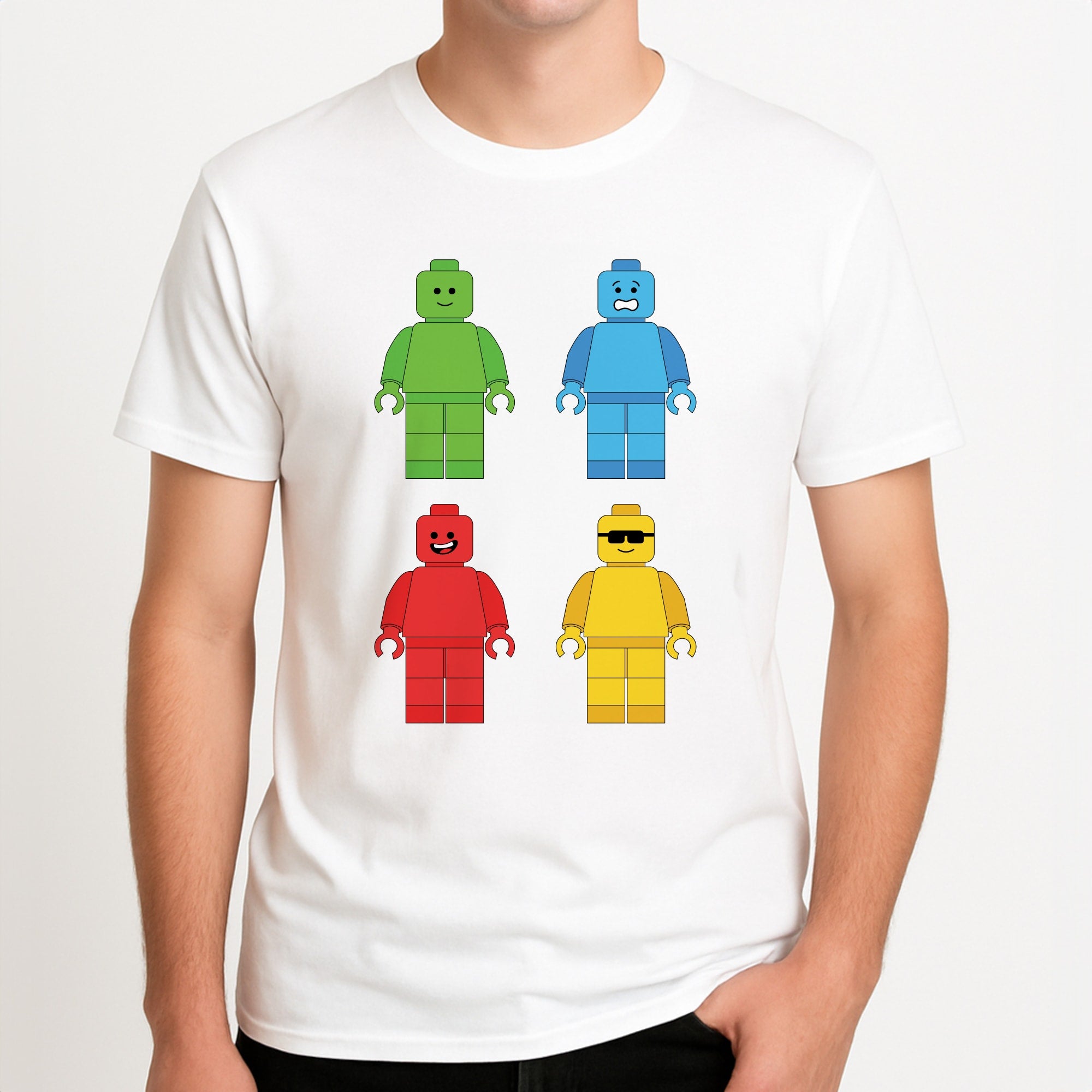 Bricks Figures Rainbow Unisex T-Shirt, worn by a male model.