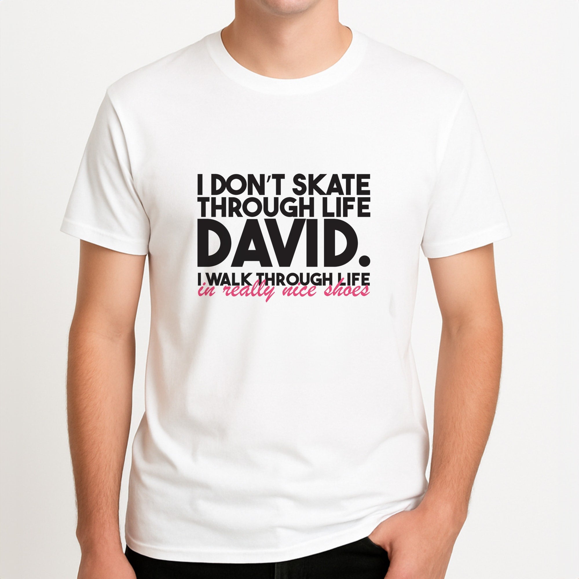 I Don't Skate Through Life David Unisex T-Shirt, worn by a male model.