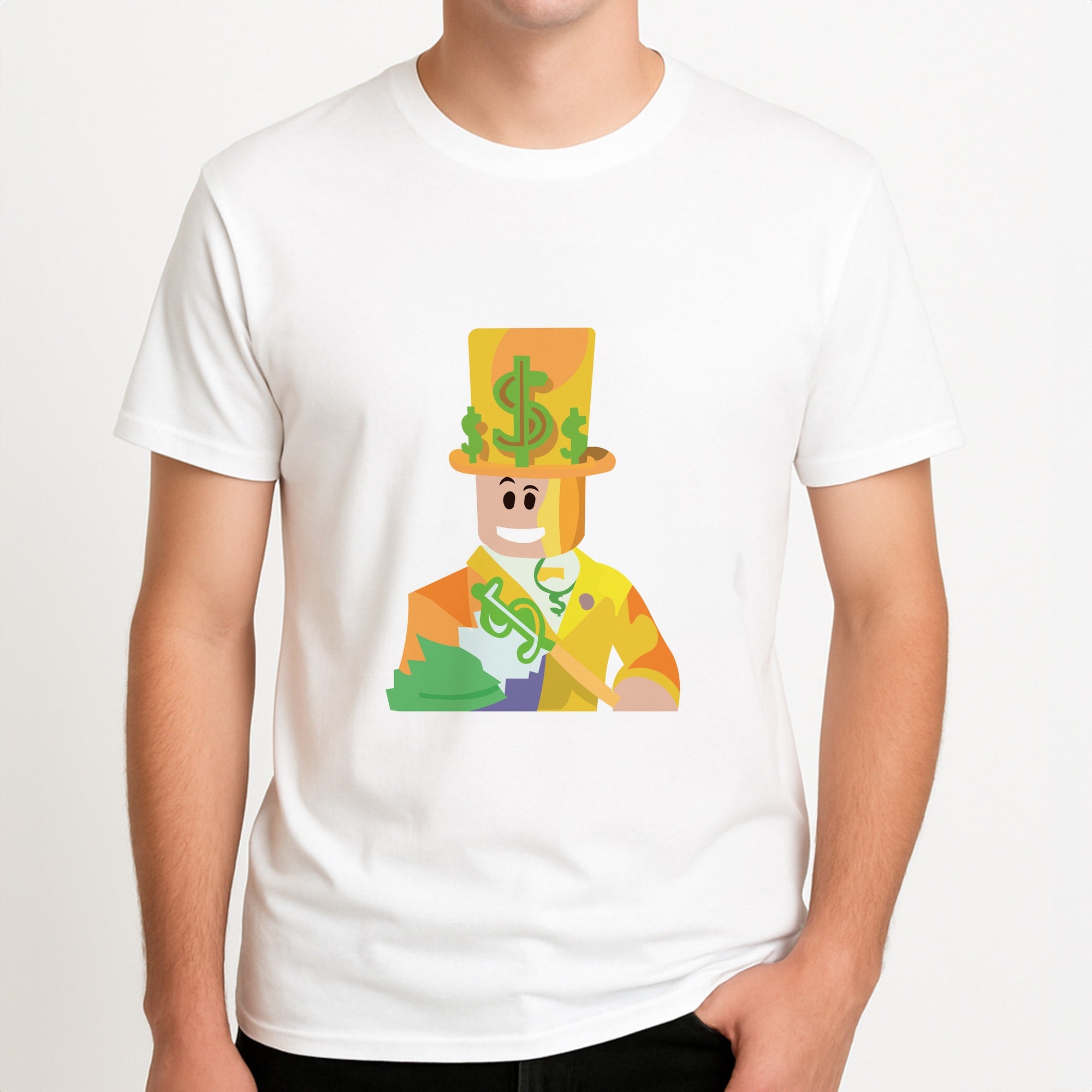 Character Money Unisex T-Shirt, worn by a male model.