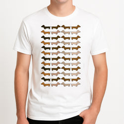 Collage - Dachshunds Unisex T-Shirt, worn by a male model.