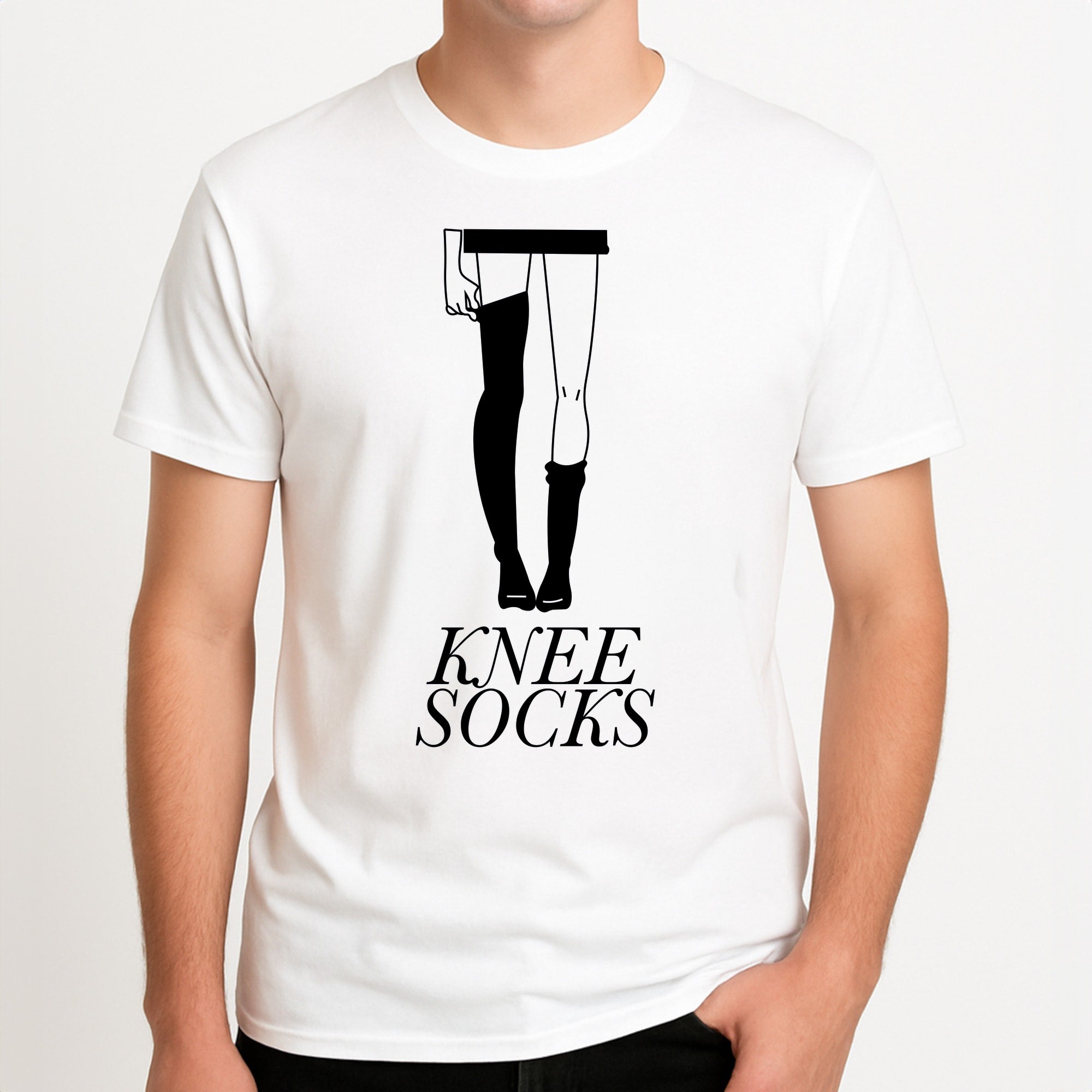 Knee Socks Unisex T-Shirt, worn by a male model.