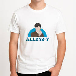 Allons-y - Doctor Who Unisex T-Shirt, worn by a male model.