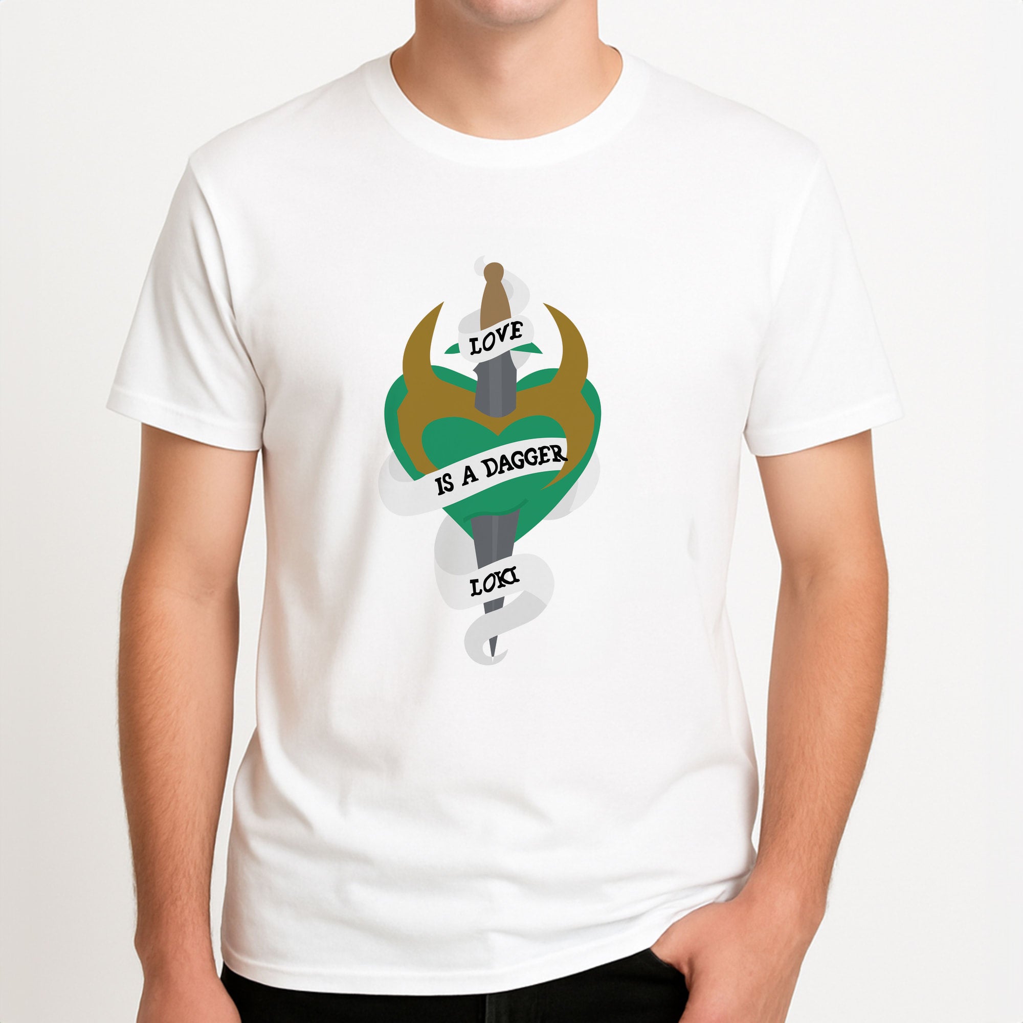 Love Is A Dagger Unisex T-Shirt, worn by a male model.