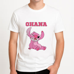 Pink Alien Ohana Unisex T-Shirt, worn by a male model.