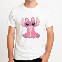 Sitting Down - Pink Alien Unisex T-Shirt, worn by a male model.