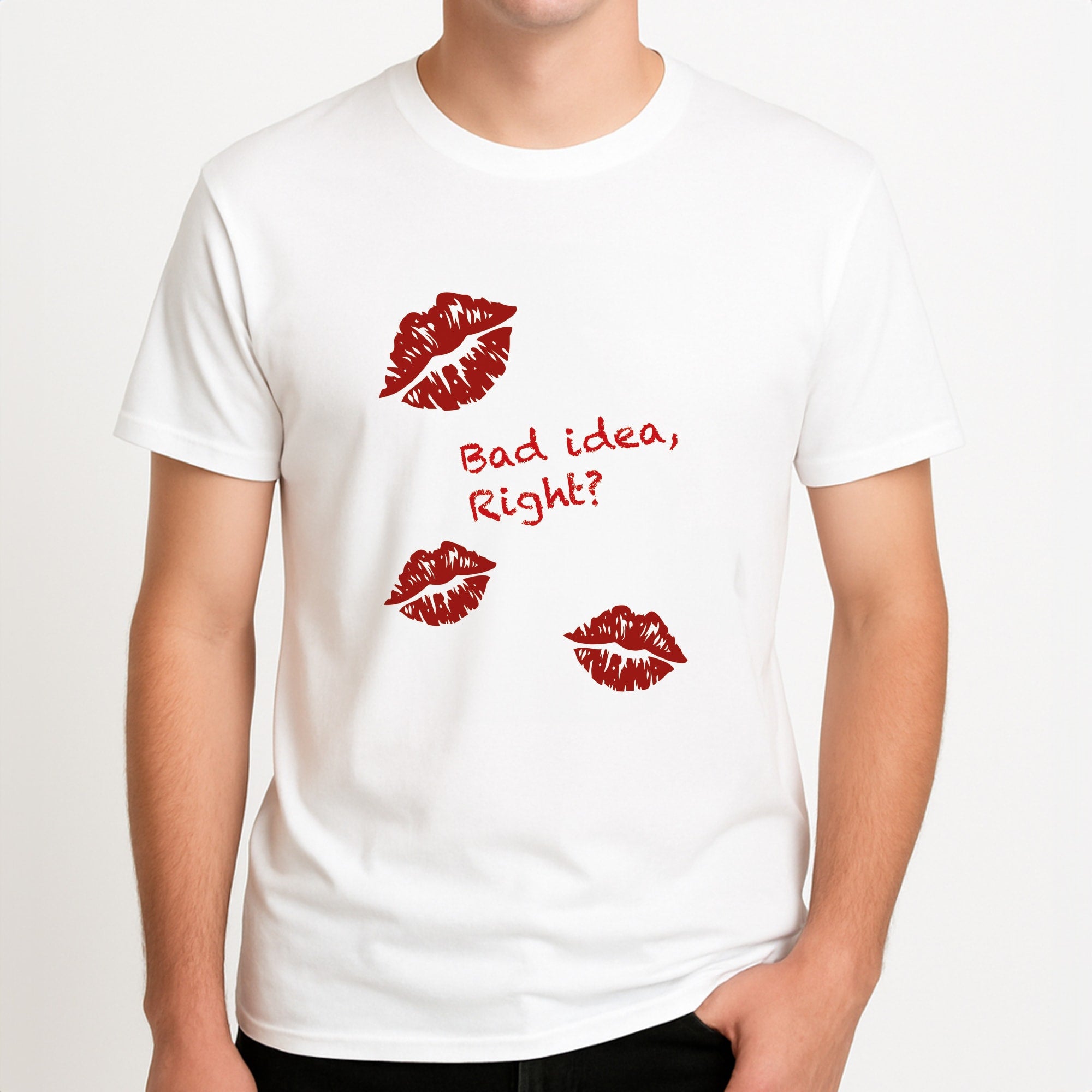 Bad Idea, Right? - Olivia Unisex T-Shirt, worn by a male model.