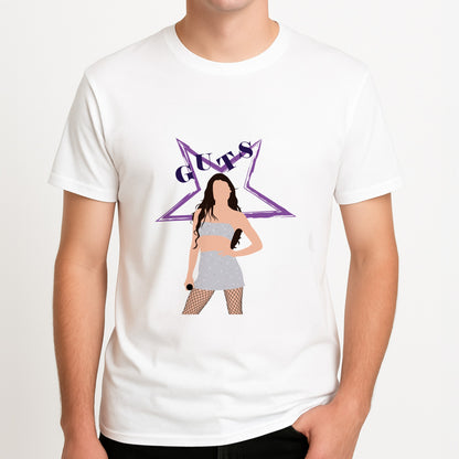Dark Purple Olivia Unisex T-Shirt, worn by a male model.