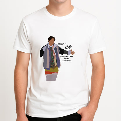 Could I Be Wearing Any More Clothes Unisex T-Shirt, worn by a male model.