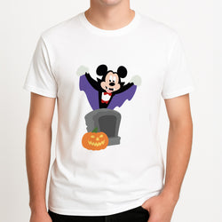 Vampire Mouse Halloween Unisex T-Shirt, worn by a male model.