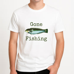 Gone Fishing  Unisex T-Shirt, worn by a male model.