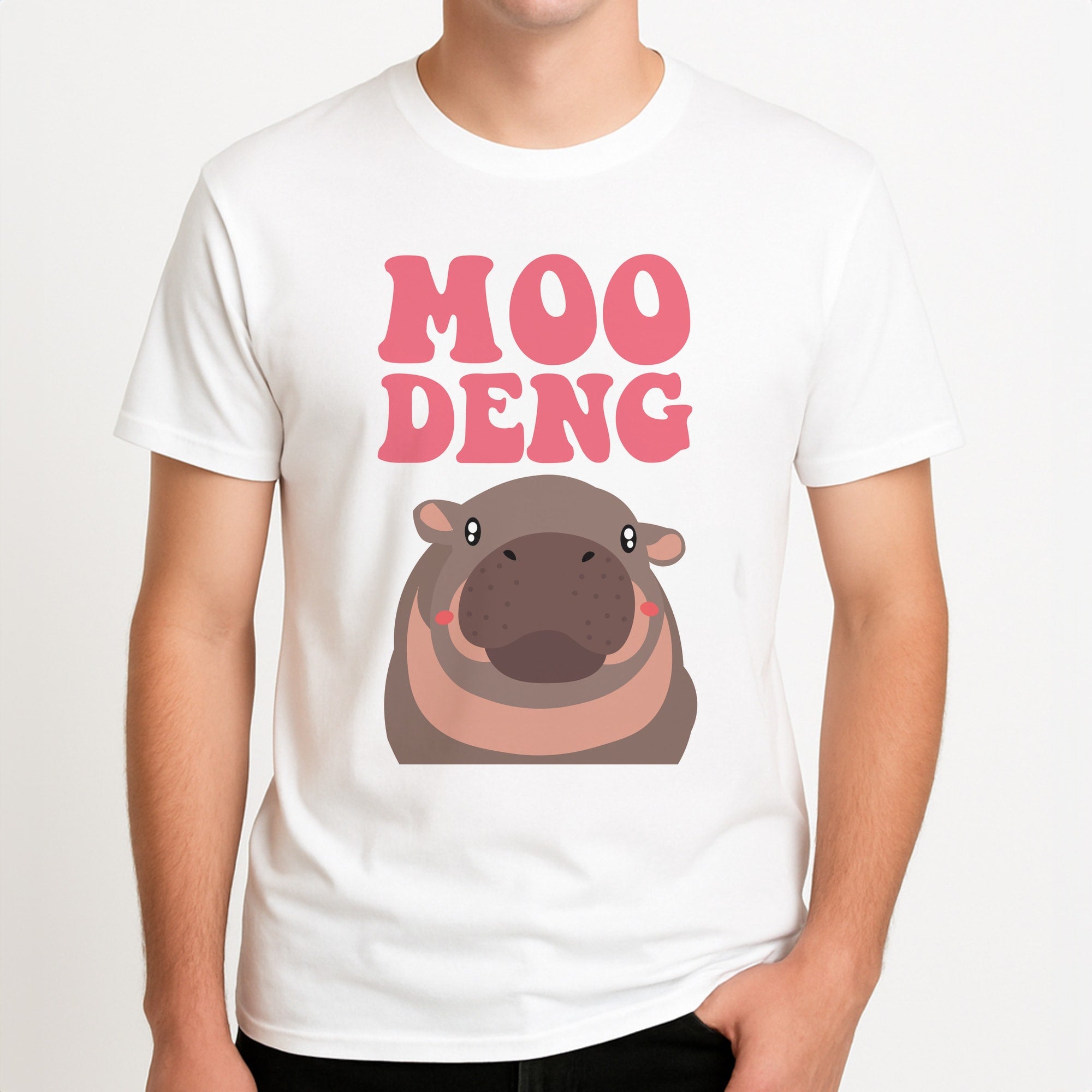 Moo Pink Unisex T-Shirt, worn by a male model.