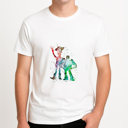 Watercolour Woody & Buzz A Story of Toys Fairytale Unisex T-Shirt, worn by a male model.