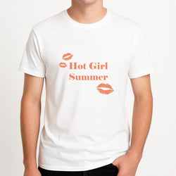 Hot Girl Summer Kisses Unisex T-Shirt, worn by a male model.