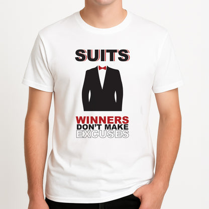 Winners Don't Make Excuses Unisex T-Shirt, worn by a male model.