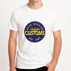 Los Santos Customs - Video Game Unisex T-Shirt, worn by a male model.