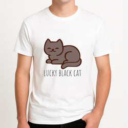 Lucky Black Cat - Cats Unisex T-Shirt, worn by a male model.