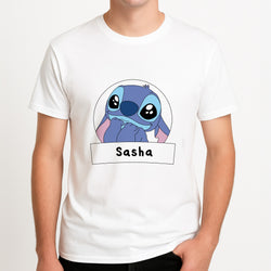 Personalised Cute Blue Alien Unisex T-Shirt, worn by a male model.
