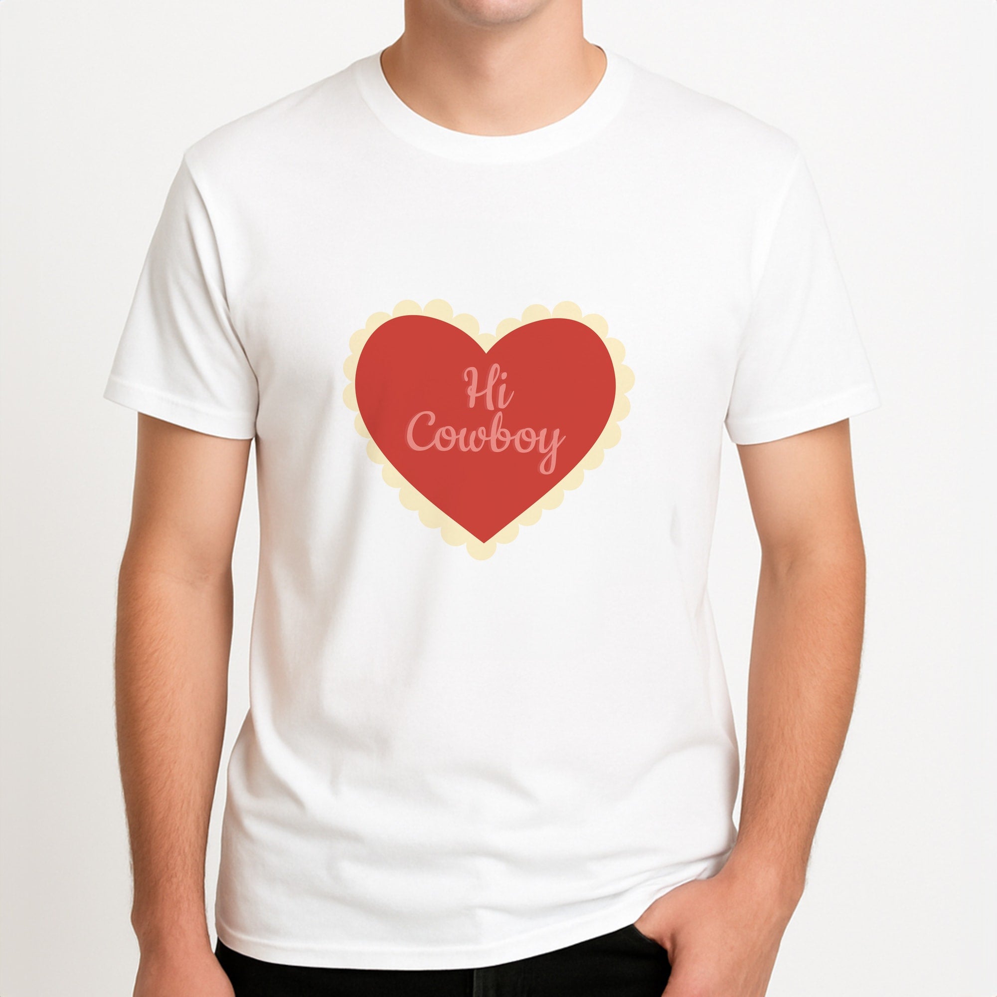 Hi Cowboy - Western  Unisex T-Shirt, worn by a male model.
