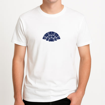 Blue Design Unisex T-Shirt, worn by a male model.