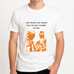 I Don't Believe That Anybody Unisex T-Shirt, worn by a male model.