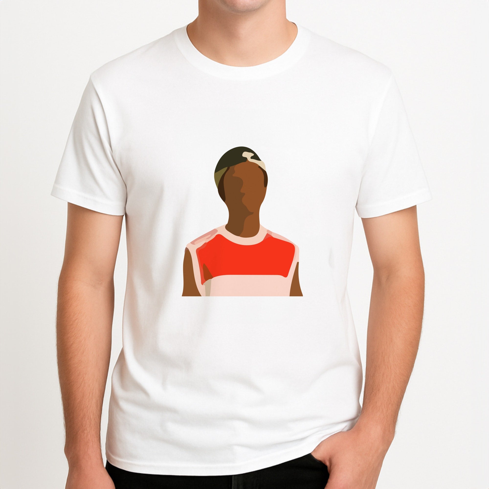 Faceless Lucas - Stranger Things Unisex T-Shirt, worn by a male model.