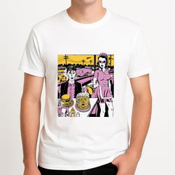 Popart Fender Unisex T-Shirt, worn by a male model.