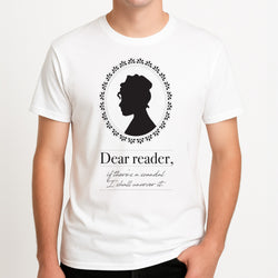 Dear Reader Unisex T-Shirt, worn by a male model.