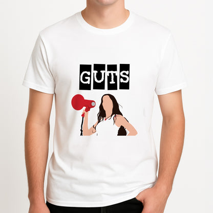 Olivia Red Megaphone Unisex T-Shirt, worn by a male model.