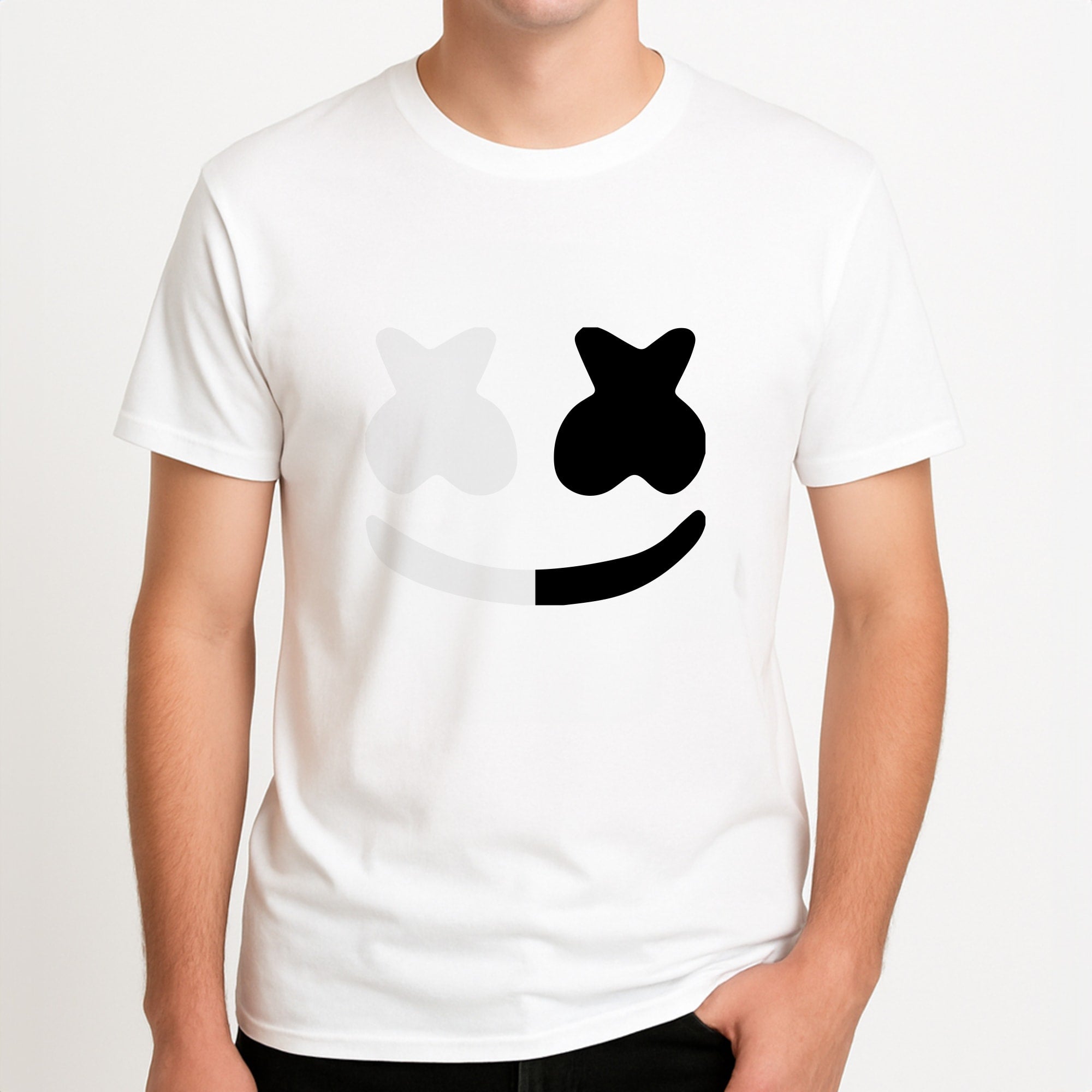 Dual Sides Helmet DJ  Unisex T-Shirt, worn by a male model.