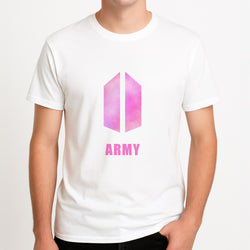 BTS Army Pink - K Pop Unisex T-Shirt, worn by a male model.